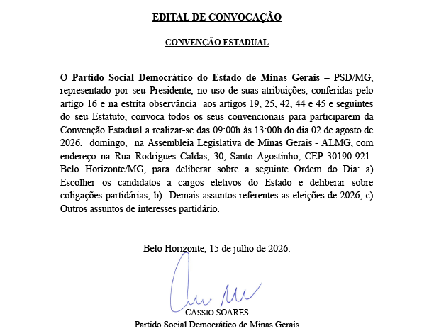 Edital de Convocação para a Convenção do Partido Social Democrático do Estado de Minas Gerais – PSD/MG
