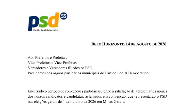 Resolução nº 01/2026 da Executiva Estadual do PSD/MG